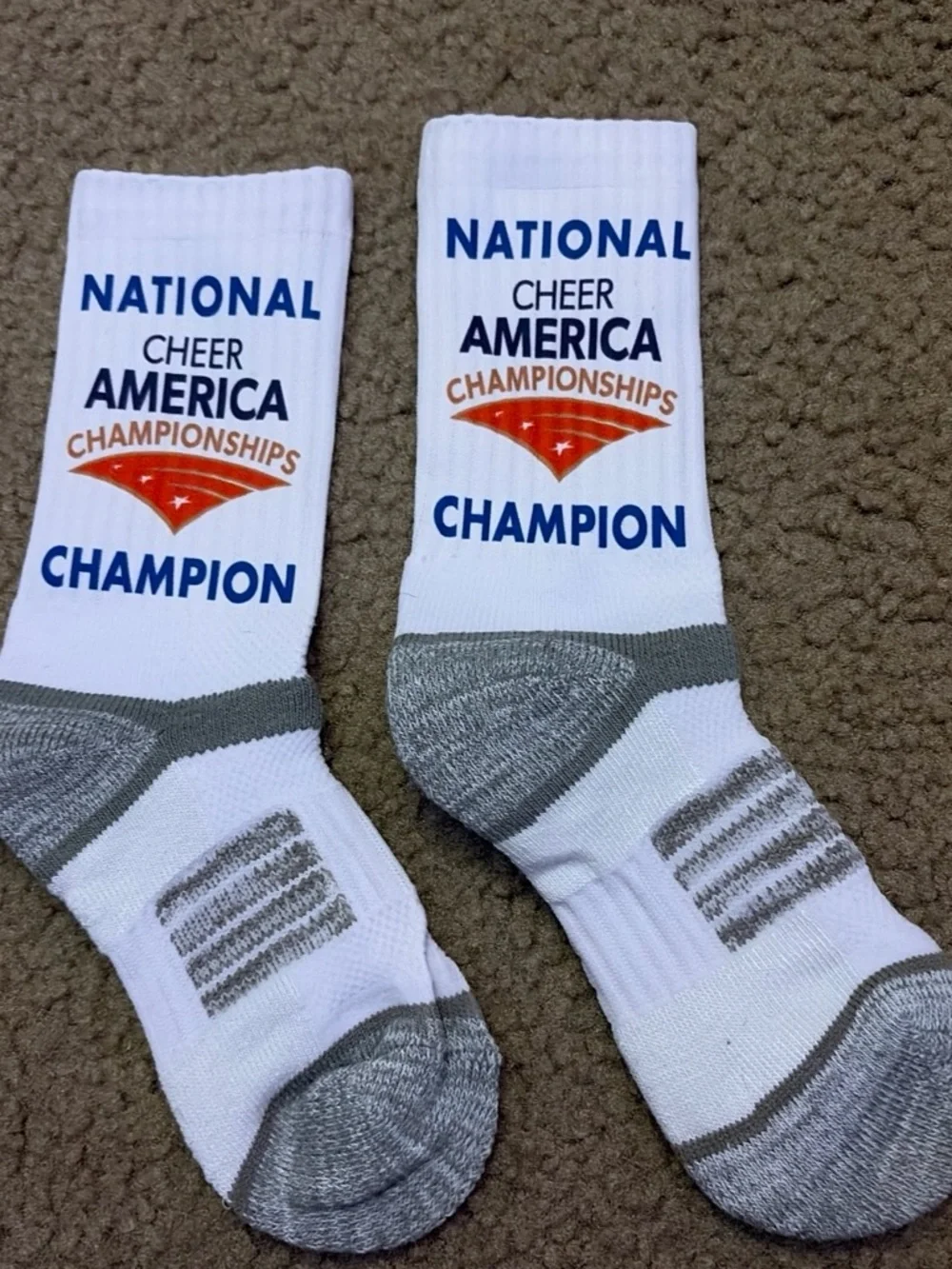 Champion White Crew Socks with Blue & Orange National Cheer America Print